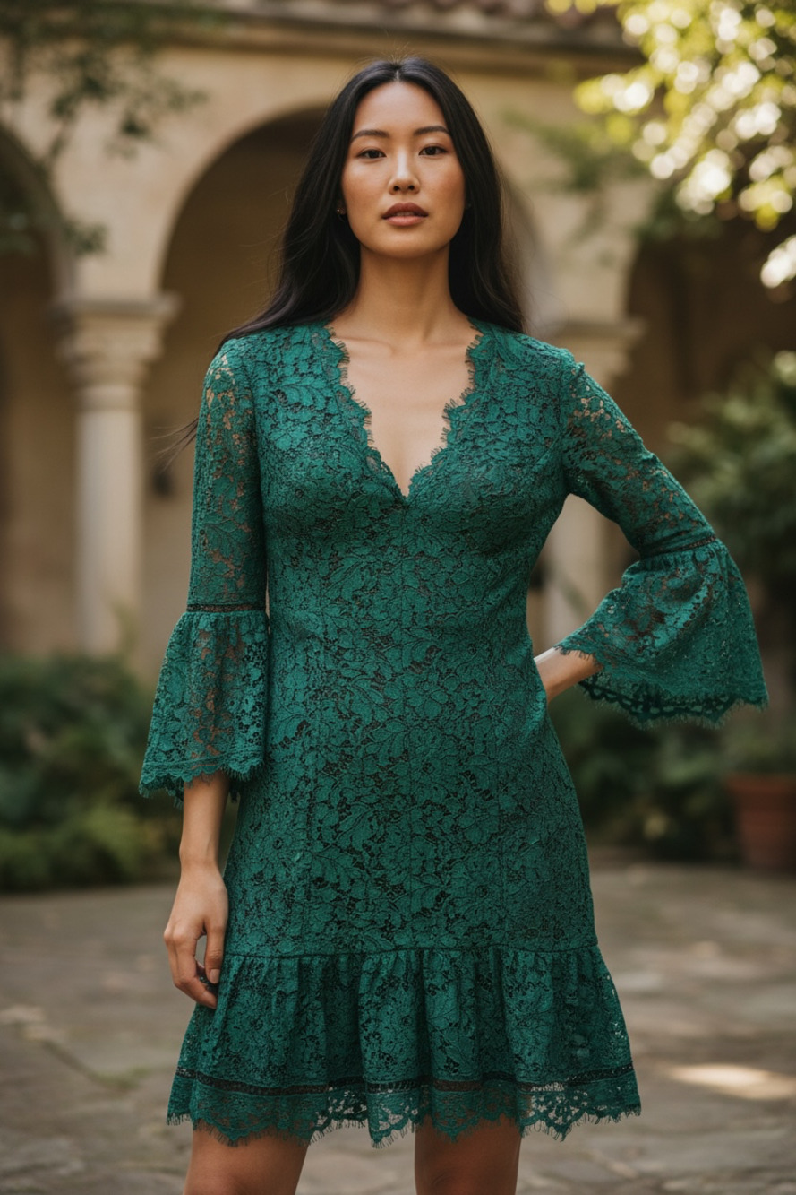 Eliza J Emerald Green Lace Bell-Sleeve Ruffle Hem Cocktail Dress